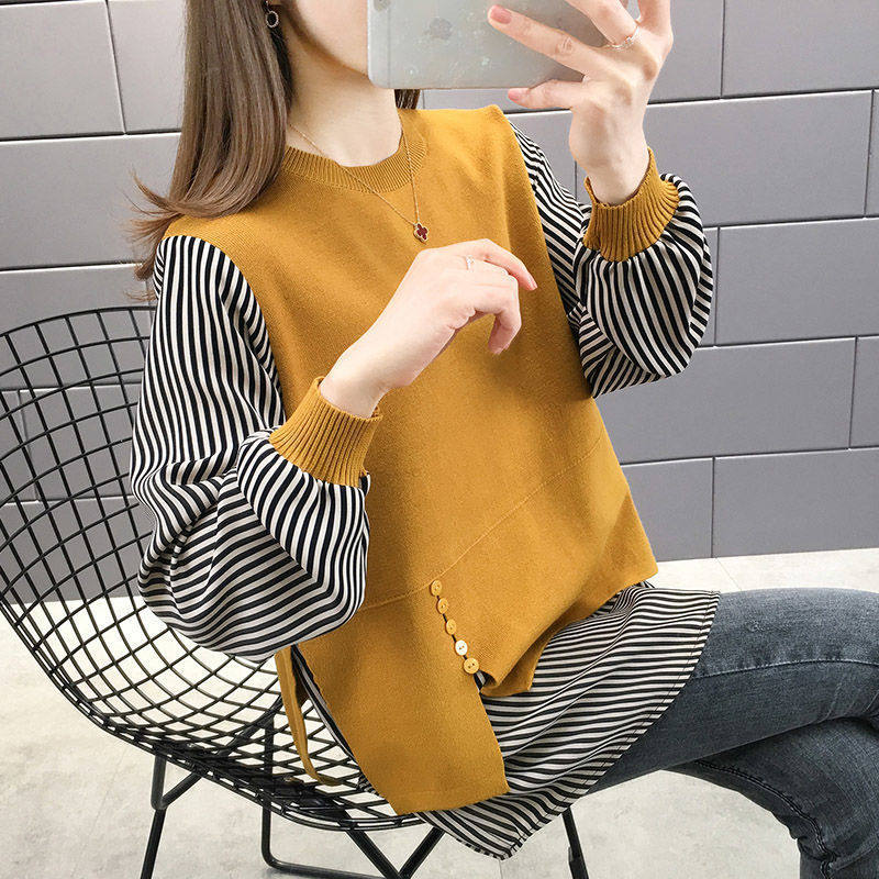 Autumn clothing 2020 new fake two women slim striped shirts splicing cover head knit cardiovert loose jacket women blouses
