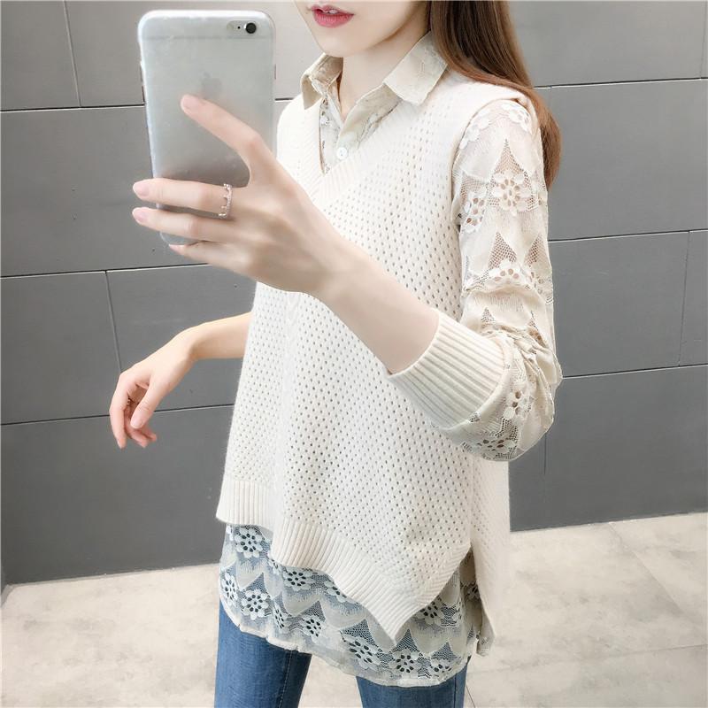 Spring clothing new two-piece sweater female Korean version knitted waistcoat 100 lapped foreign lace blouse blouse with undershirt