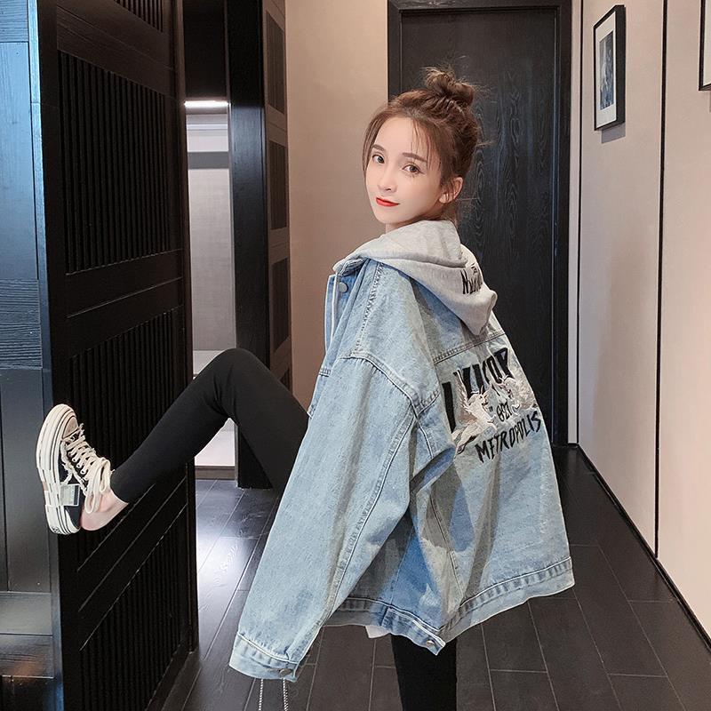 2020 fall new embroidered denim jacket woman with cap loose Korean version BF for long version 100 hitch on clothes
