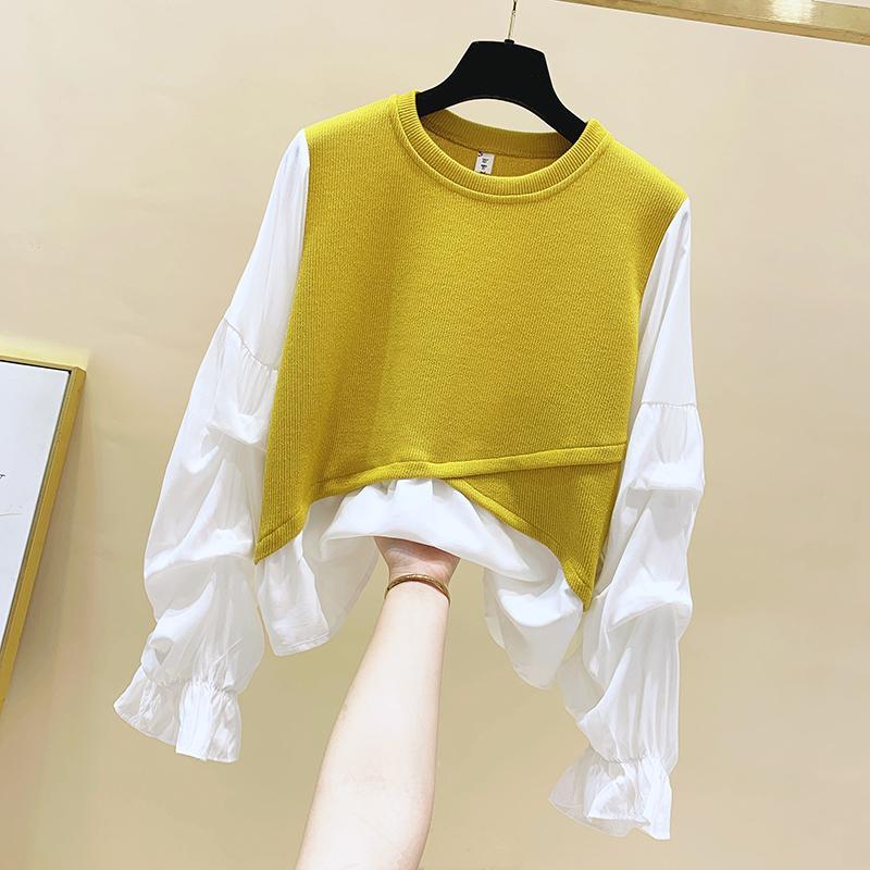 Korean version loose 100 lap knit splicing snow spinning bubble sleeve t shirt woman fake two blouses women's clothing
