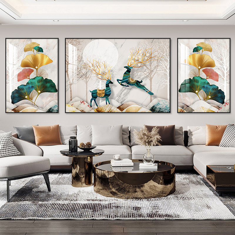 Light luxury living room crystal porcelain painting decorative painting sofa background wall painting modern minimalist triptych painting atmosphere attracting wealth with diamonds