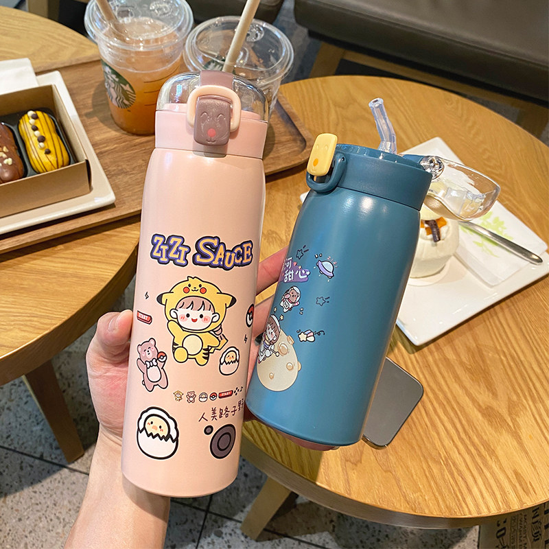 Children's thermos cup baby drinking water cup with straw kindergarten primary school students go to school special cute girls water bottle