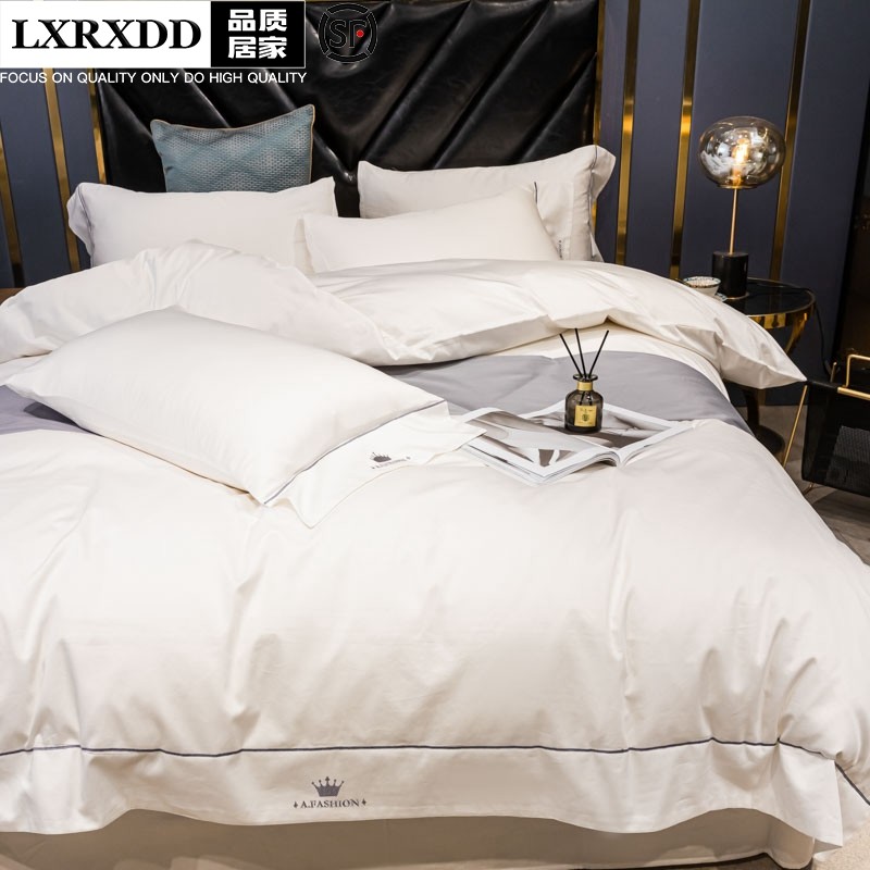 LXRXDD pure cotton bed four pieces of cover 100 All cotton folk Cebu about Nordic hotel wind bed linen white quilt cover-Taobao