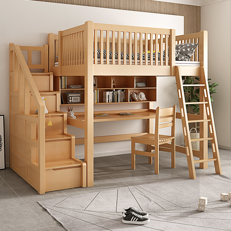 Upper and lower bunk bed solid wood beech children's desk integrated upper bed and lower table guardrail mother-in-law elevated bed sheet upper layer