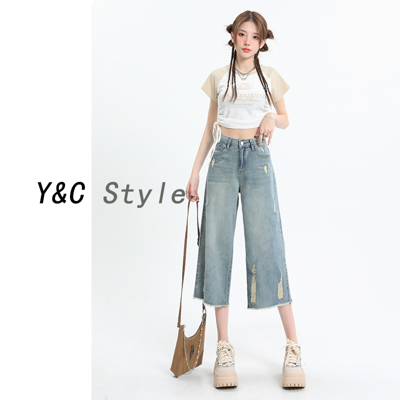 Women's Cropped Jeans, Summer Thin Style, 2026 New High-Waisted Loose Fit for Petite Figures, Frayed Hem, Ripped 7/8 Pants