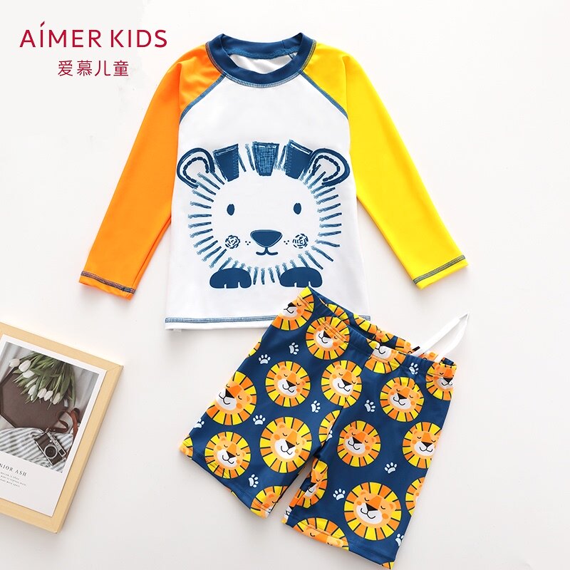 AIMER children's swimsuit boy two-piece long sleeve sunscreen swimming trunks set Zhongdabi baby cute cartoon swimsuit