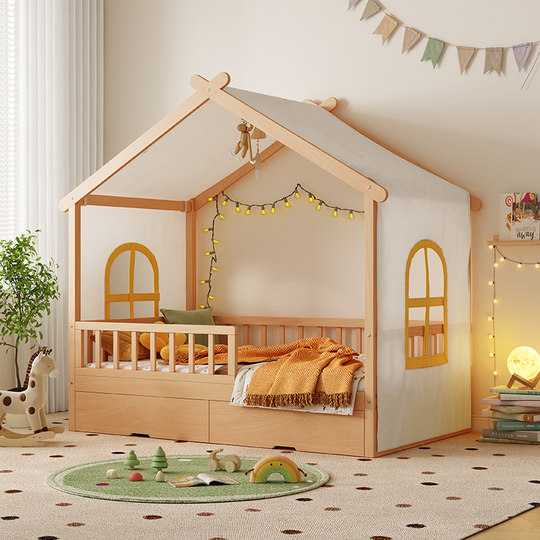 全实木儿童床女孩公主床小床带拖床护栏家用宝宝单人床男孩树屋床