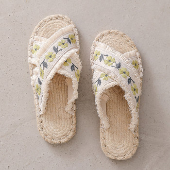 2023 Summer Old Beijing Cloth Shoes Ethnic Style Linen Flat Bottom Embroidered Women's Slippers Wear Straw Fisherman Sandals