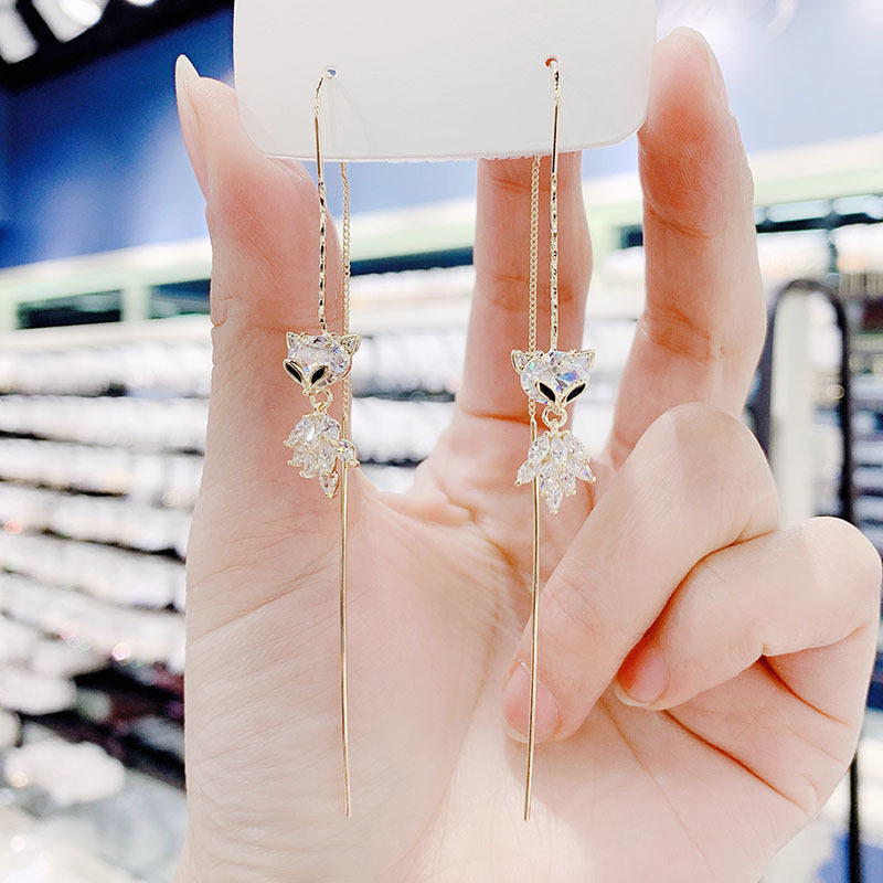 Long version of zircon fox ear necklace 2021 New tide face thin earrings Earrings Temperament Fashion Ear Accessories