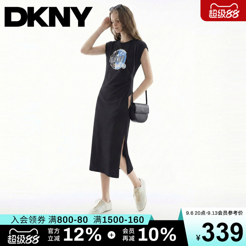 Dkny Tang Kenaier 26 New Summer Short-Sleeved Dress for Women with Waist-Cinching Print and Slit, American Retro Fashion Dkny Tang Kenaier 26 New Summer Short-Sleeved Dress for Women with Waist-Cinching Print and Slit, American Retro Fashion