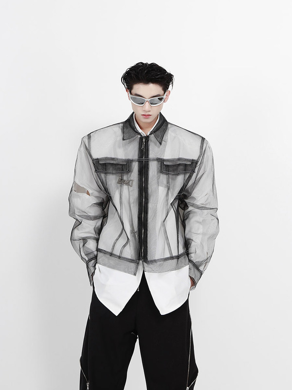 Culture Niche Mesh Design Jacket for Men, Deconstructed Shirt with Visible Stitching, High-End Punk Street Style Long Sleeves