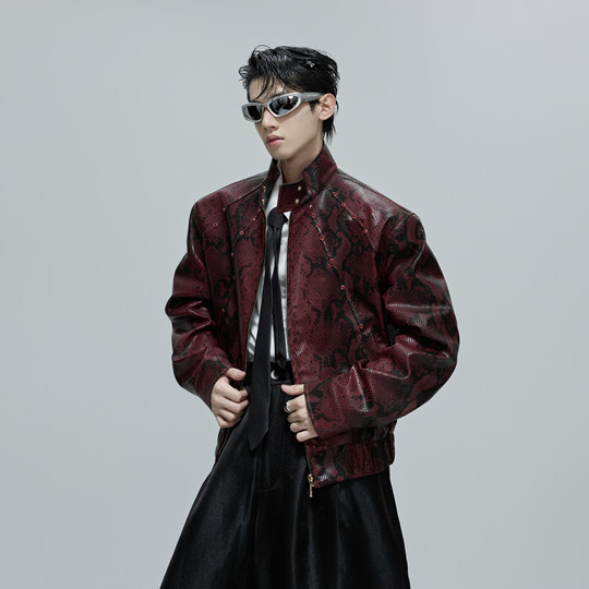 Blood python textured leather jacket with gem-embellished stand-up collar