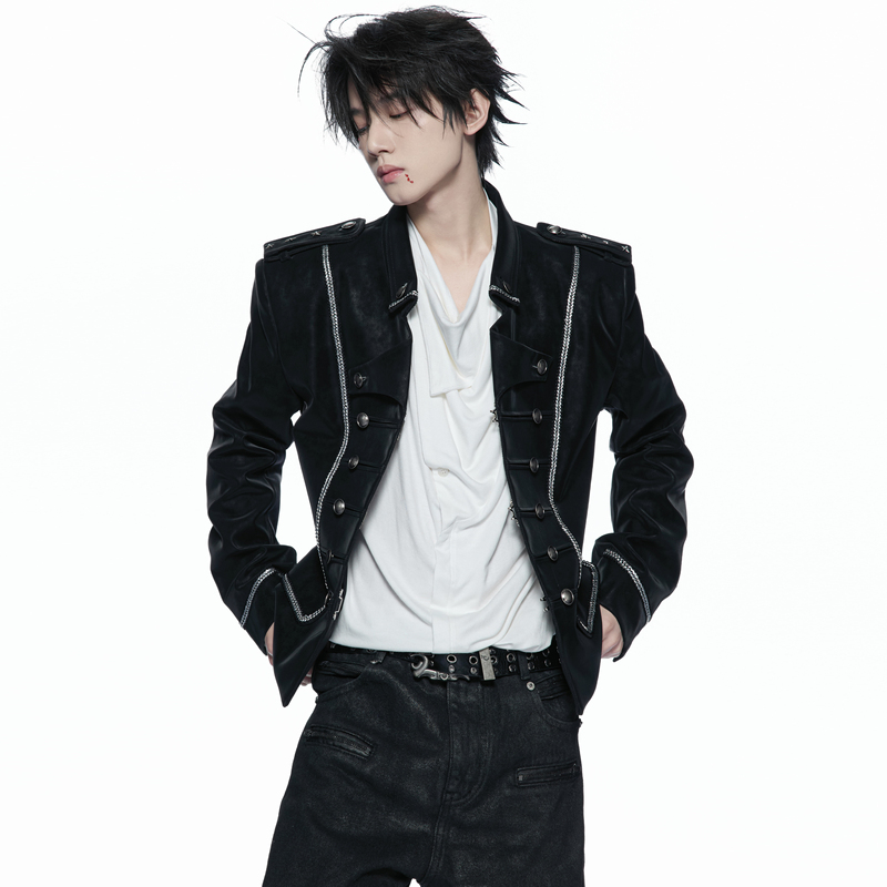 Argueculture Silver and Black Matte Leather Court-Style Buttoned Fitted Jacket with Shoulder Straps and Leather Patchwork Argueculture Silver and Black Matte Leather Court-Style Buttoned Fitted Jacket with Shoulder Straps and Leather Patchwork