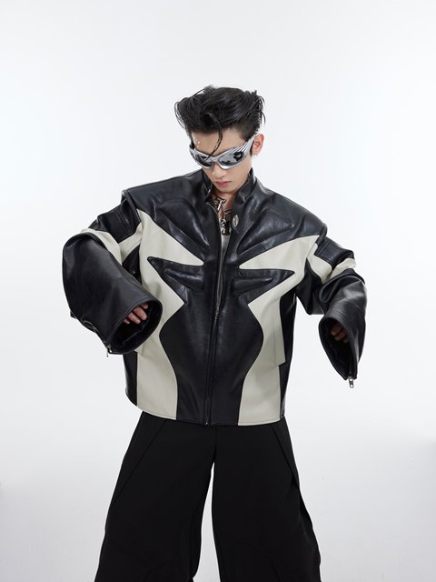 CulturE24ss original niche deconstructed embossed design jacket coat color-blocked short motorcycle leather jacket