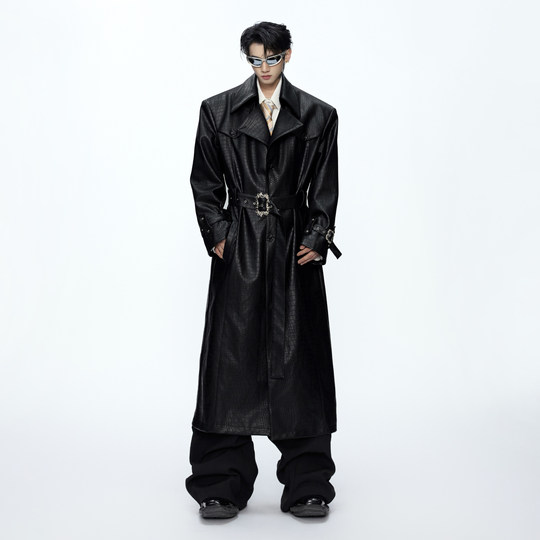 Niche deconstructed crocodile pattern wide shoulder leather coat