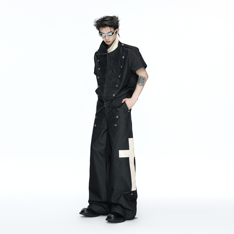 Argue Dunhuang* Double-Breasted Court-Style Regular Shoulder Polo Shirt with Leather Collar, Cross Short Sleeves, Thin Original Cowhide Suit