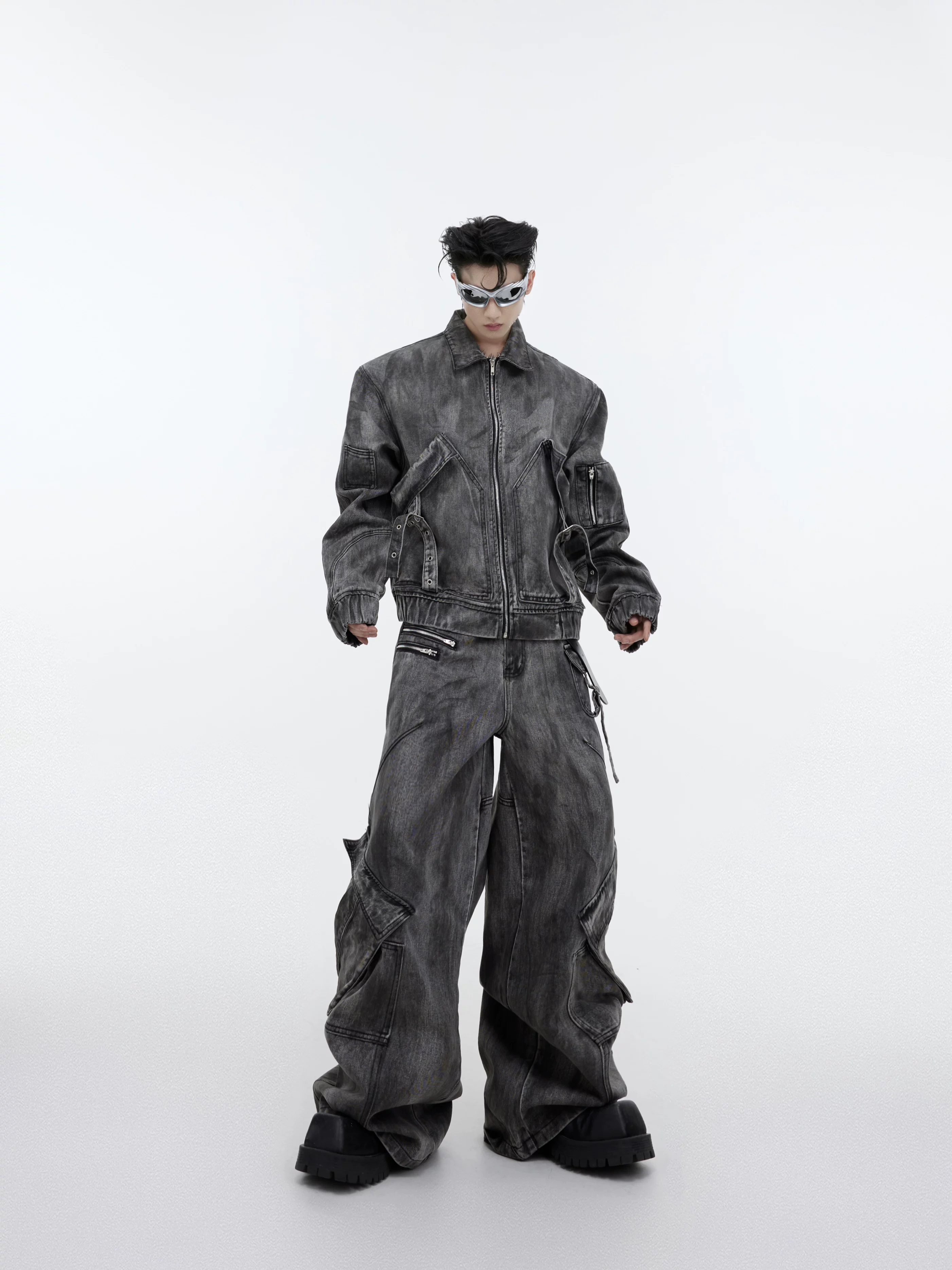 Retro denim jacket, trousers, set, style