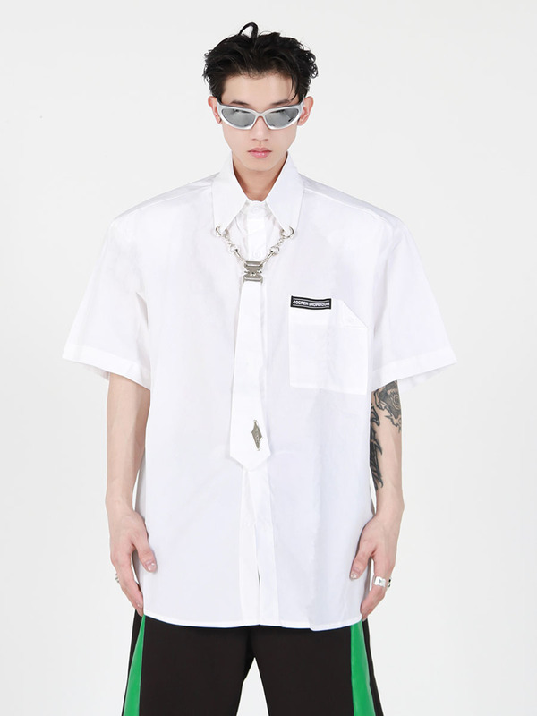 Culture Original Niche Metal Tie Clip Design Short-Sleeved Shirt, Simple and High-End Loose T-Shirt Cardigan for Men