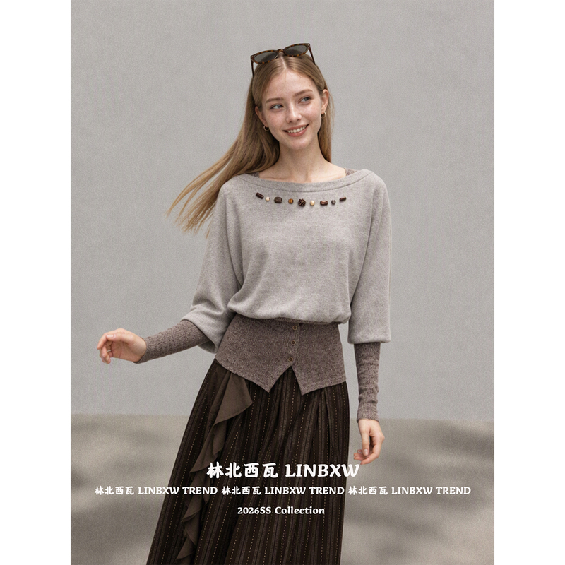 Women's Autumn Korean-Style Round-Neck Waist-Cinching Knit Sweater with Lamb Leg Sleeve Design, Relaxed and Lazy Style Pullover Top
