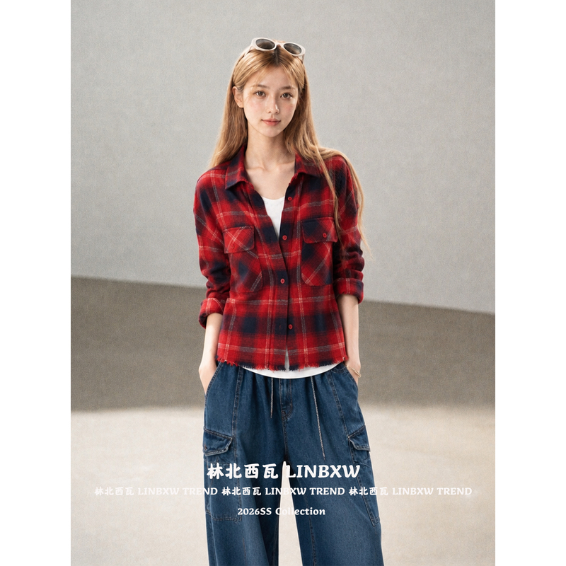 Korean-Style Red Plaid Shirt for Women, Autumn Vintage College Style A-Line Sleeve Shirt, Loose and Slimming Design Top