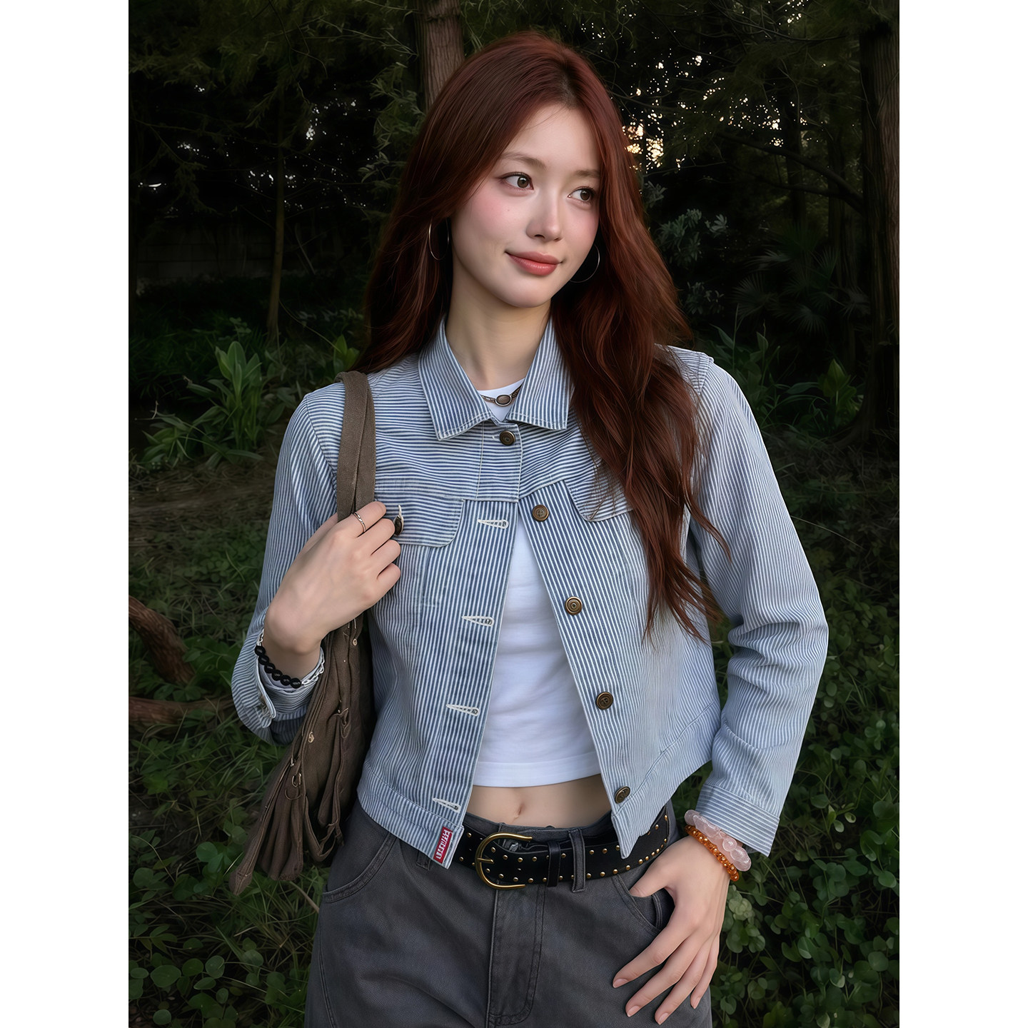 아메리칸 레트로 스트라이프 데님 여성 코트 조기 가을 쇼트 스타일 몸매 가꾸기 폴로 칼라 오픈 가디건 루즈핏 품격 긍정적 인 어깨 재킷 상세 이미지 8