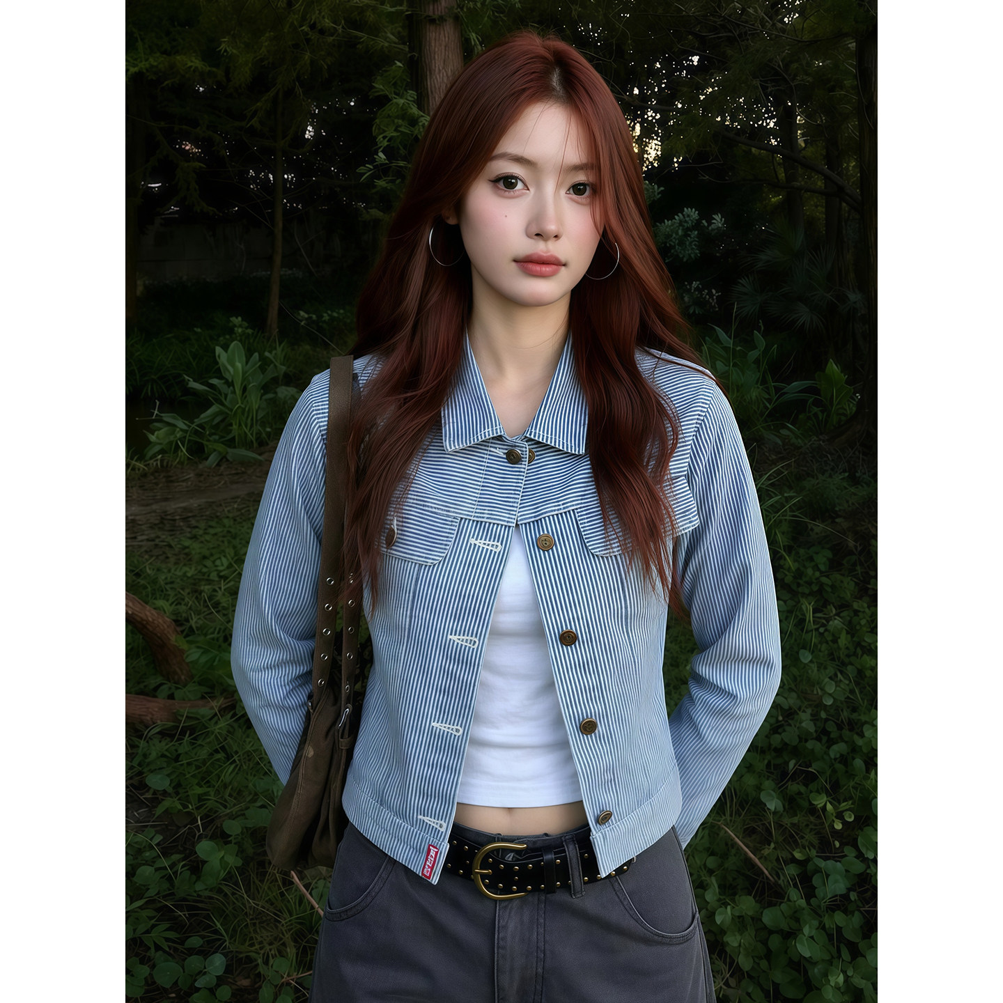 아메리칸 레트로 스트라이프 데님 여성 코트 조기 가을 쇼트 스타일 몸매 가꾸기 폴로 칼라 오픈 가디건 루즈핏 품격 긍정적 인 어깨 재킷 상세 이미지 6