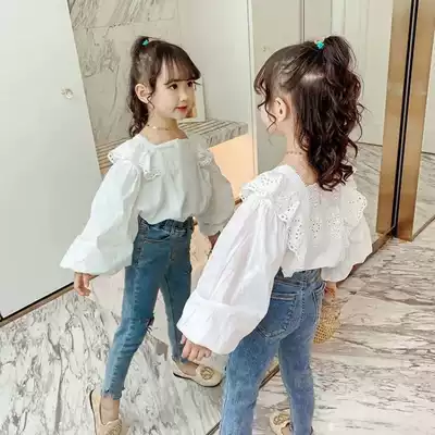 Girls shirt long sleeve autumn coat female ins white shirt foreign pie children's lace coat bubble sleeve Korean version