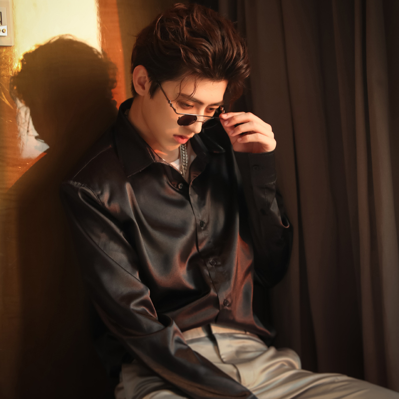 Cai Xukun Celebrity-Style Black Shirt 2024 Spring and Autumn Unisex Long-Sleeve High-End Silk Top Loose Shirt Trendy
