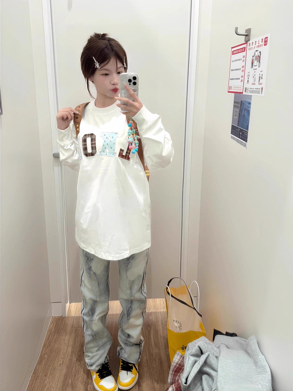 Autumn and Winter American Retro Letter Print Long-Sleeve T-Shirt for Women, Spring and Autumn Style Trendy Brand Loose Slimming Base Shirt Top