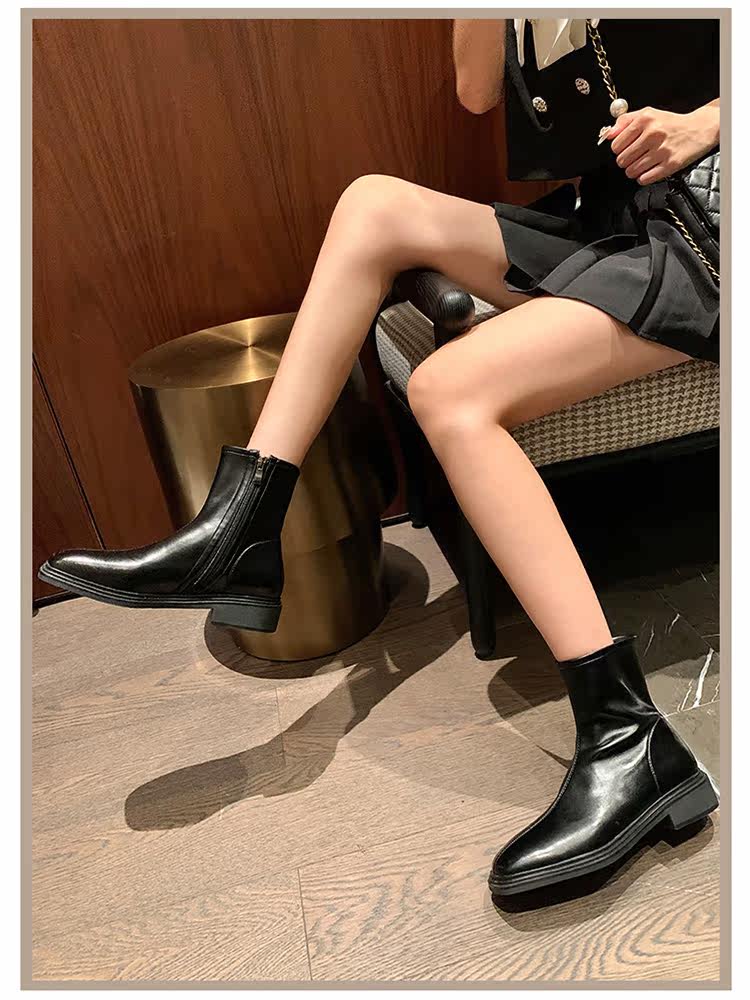 British style short boots women's 2022 autumn new leather thick heel square toe retro Martin boots Chelsea elastic thin boots