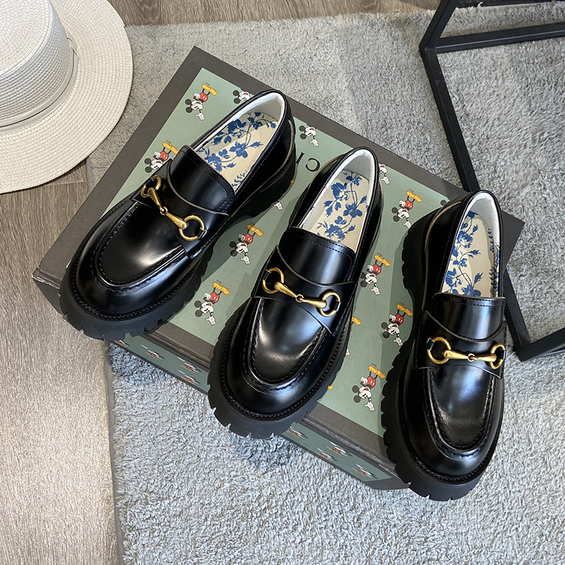 2022 spring new women's shoes thick-soled loafers British style small leather shoes little bee horsebit buckle muffin shoes