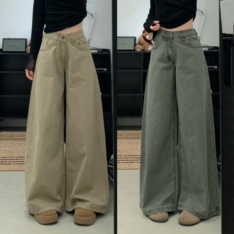 Khaki Pants for Women 2026 New Style Coffee-Colored Jeans for Women Loose High-Waisted Straight-Leg Pants Army Green Wide-Leg Pants