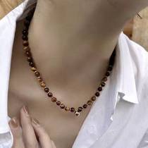Maillard style natural tiger eye stone small gold ball necklace color-preserving copper gold-plated clavicle chain design original texture female OL