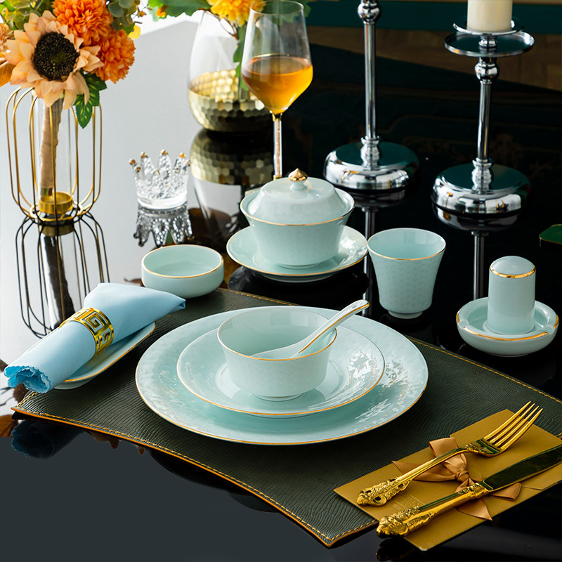 Modern Household Dishes Set Jingdezhen Celadon Tableware Housewarming Gifts Chinese Simple Table Set Tableware