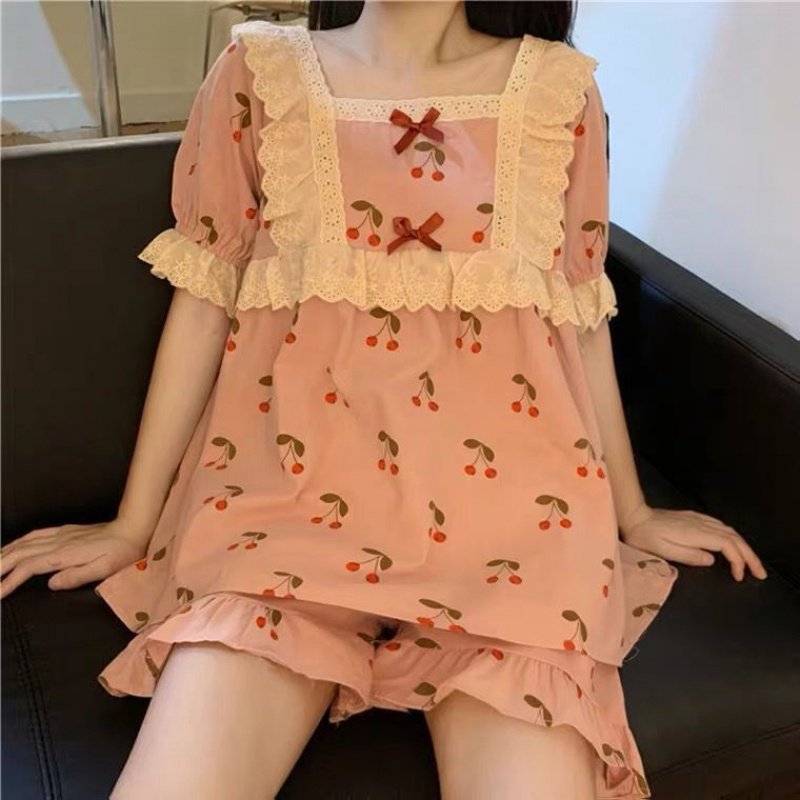 Palace Wind Thin style Sleeping Pants Set of Women 2021 Summer New Japanese Department Cute Lace Short Sleeve Home Clothing two sets