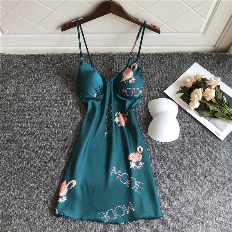 New sexy nightdress female Xia Bing ribbon chest pad pajamas flamingo print backless suspender skirt silk home service