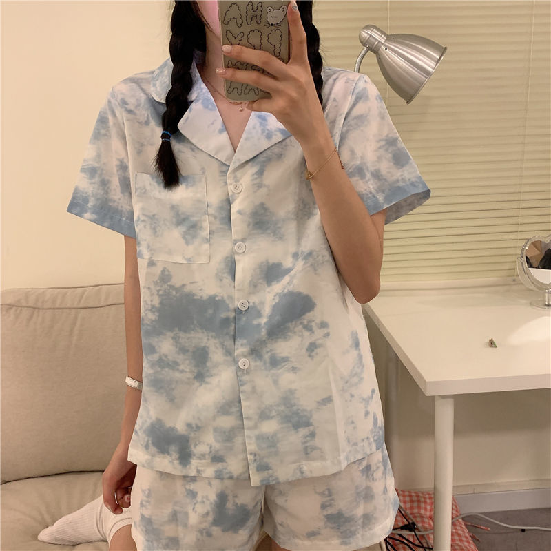 Han edition summer loose pajamas blue dyed suit shirt shorts thin home clothes two pieces in tide