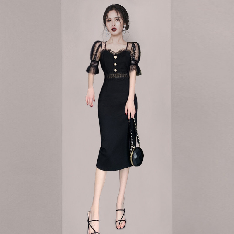 French ladies temperament femininity slim hip skirt 2022 autumn and winter new women's collar lace stitching dress