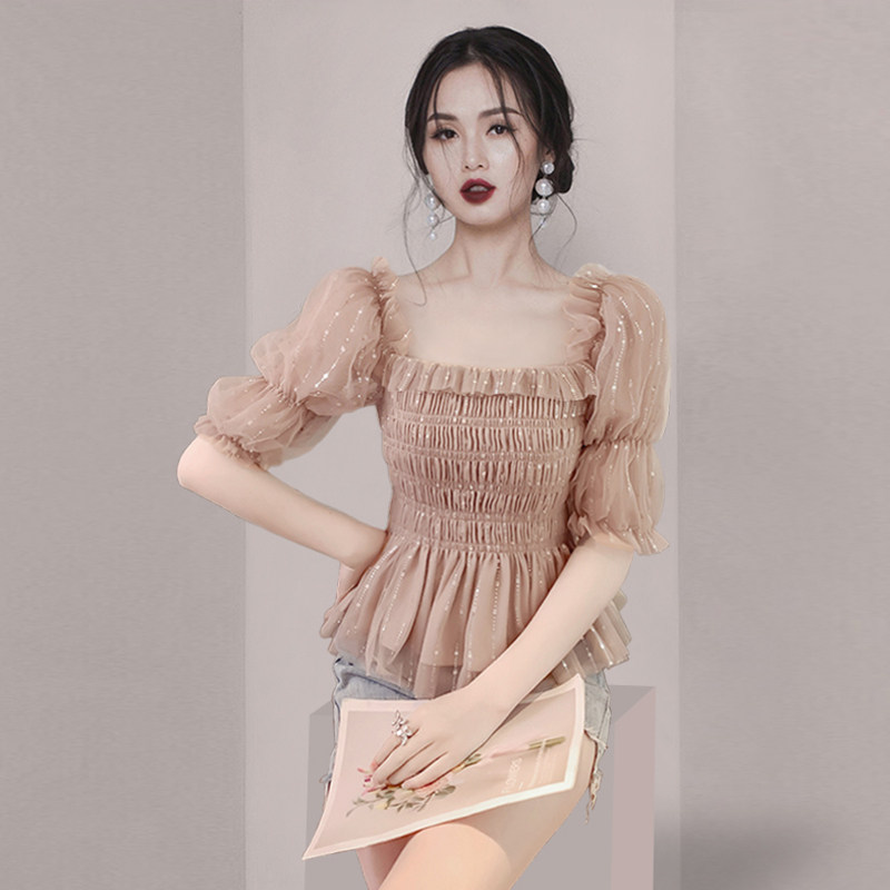French light familiar niche design puff sleeve top 2022 autumn and winter new women's collar mesh ruffled T-shirt