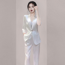 High End Temperament GODDESS VAN SUIT PANTS LIGHT COOKED WIND 2022 SUMMER NEW SATIN SUIT WOMAN FITTING TWO SETS
