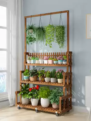 Solid wood flower rack shelf Multi-layer mobile golden ge shelf Flower rack Balcony wall living room floor-to-ceiling plant rack