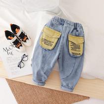 Child Jeans 2021 Spring New Korean Version Boy Ocean Gas Casual Tooling Pants Baby Long Pants Spring Autumn Tide