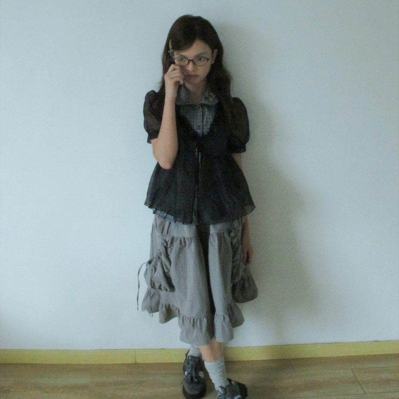 Little Cat Starrykitty Vintage Plaid Fake Two-Piece Doll Shirt Japanese Workwear Style Puff Skirt Little Cat Starrykitty Vintage Plaid Fake Two-Piece Doll Shirt Japanese Workwear Style Puff Skirt