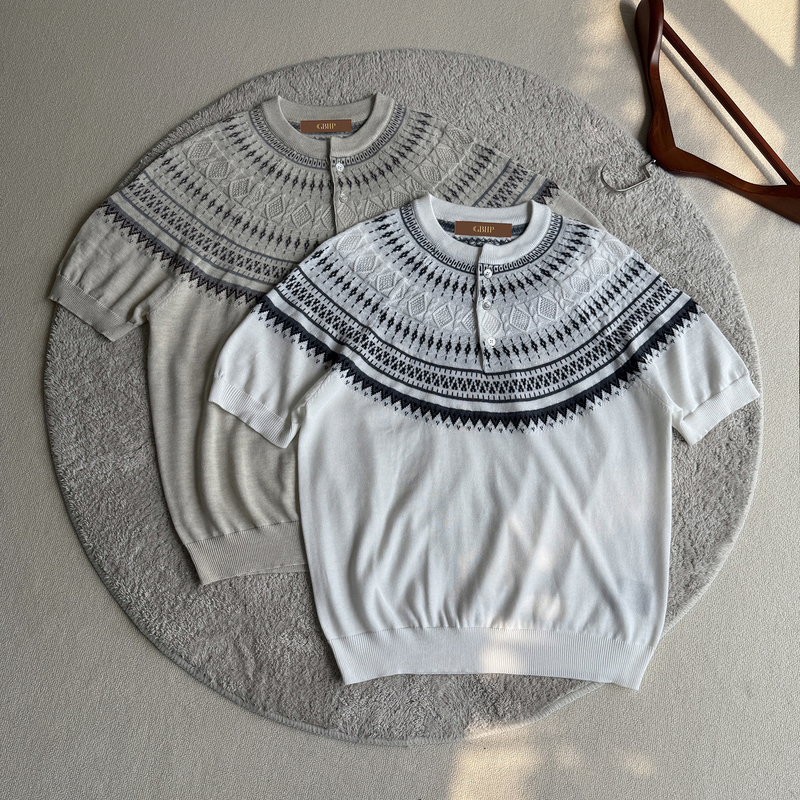 Zakan Elegant Old Money Style Mercerized Wool Knit Short-Sleeve Men's Summer Textured Fair Isle Jacquard Crew Neck T-Shirt