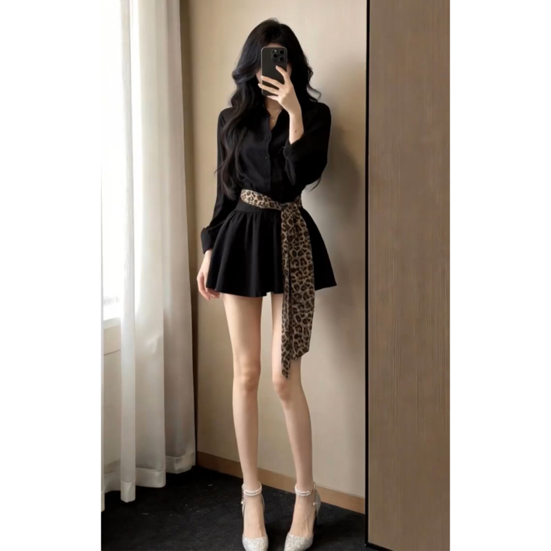 French Hepburn Style Black Long-Sleeved Shirt Dress for Women 2026 New Early Autumn Outfit Complete Set with Short Skirt French Hepburn Style Black Long-Sleeved Shirt Dress for Women 2026 New Early Autumn Outfit Complete Set with Short Skirt