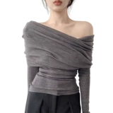 Свитер, сексуальная трикотажная утепленный лонгслив, открытые плечи, осенний