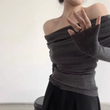 Свитер, сексуальная трикотажная утепленный лонгслив, открытые плечи, осенний