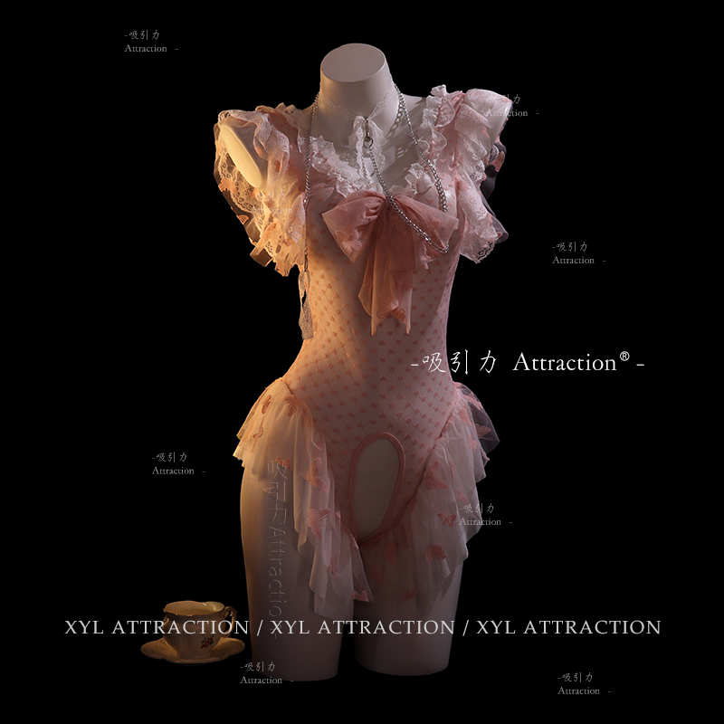 Attractive "Pink Butterfly" Sexy Lace Mesh Nightgown See-Through Bodysuit Erotic Fun Qqny Lingerie
