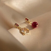 Red earrings 2021 New Tide 2020 asymmetric stud earrings female 925 sterling silver hypoallergenic personality senior sense