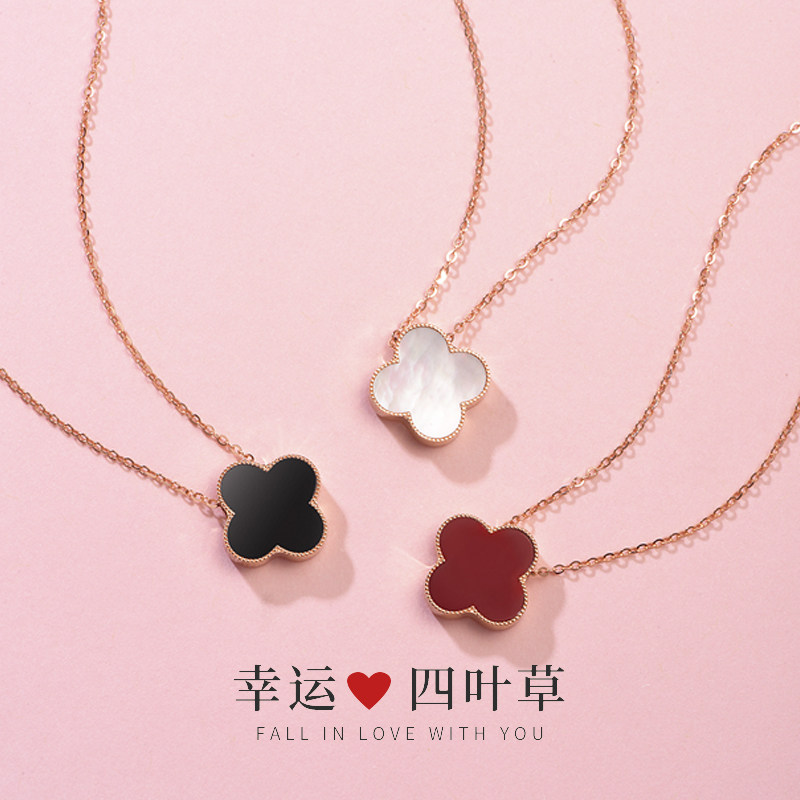 Four Leaf Grass Pure Silver Necklace Woman Rose Gold Pendant Pure Silver Lock Bone Chain 2022 New Light Lavish Little Crowd Design Sense